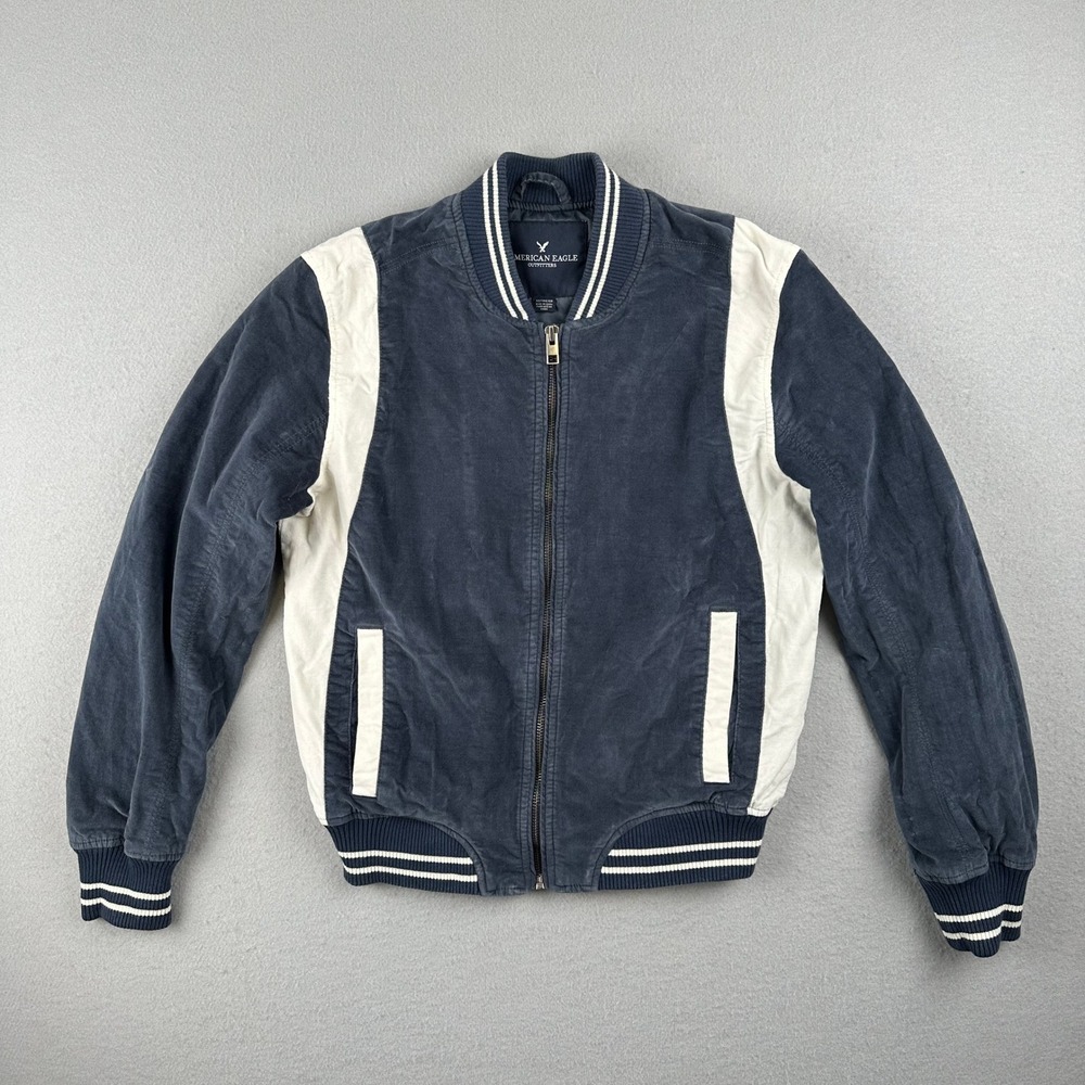 American Eagle Varsity Bomber Jacket Mens XS Navy Blue Corduroy Honestly Zip Up